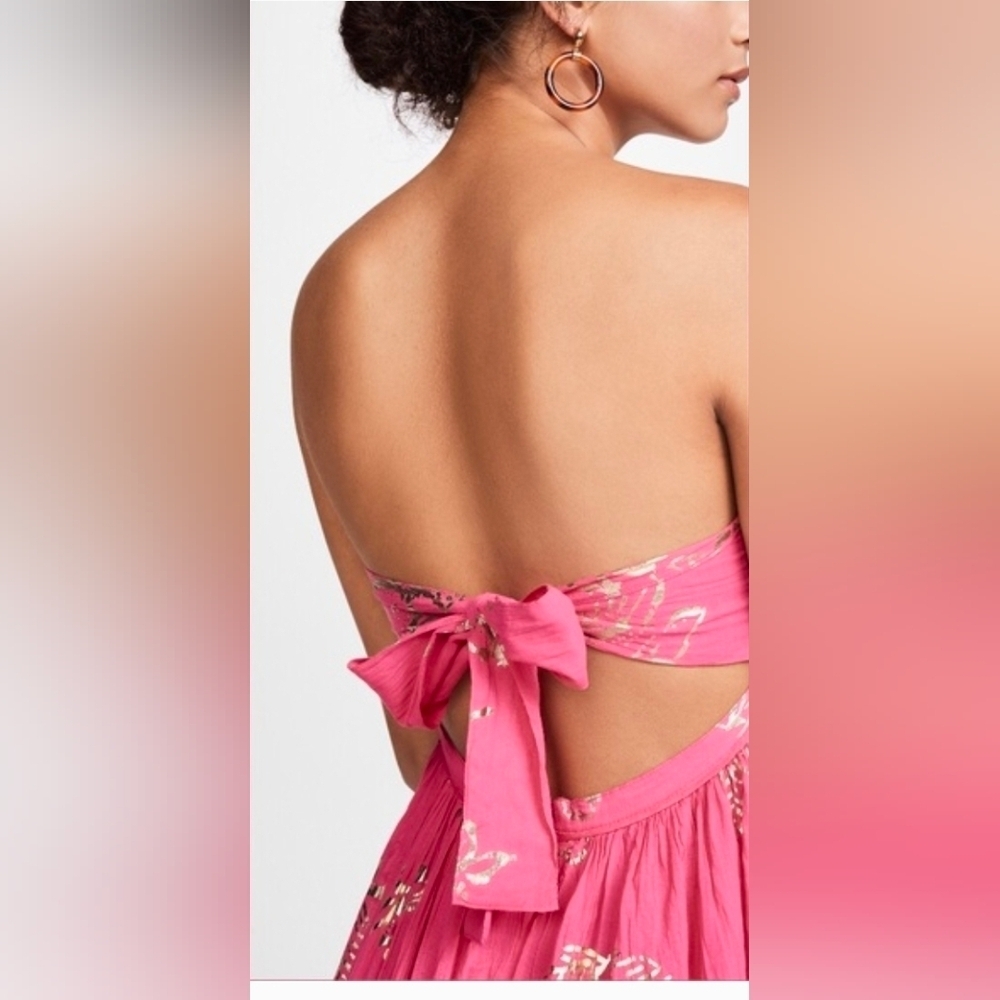 Free People Dress Baja Babe Midi Pink Metallic Floral Strapless Back Tie M - Picture 2 of 9
